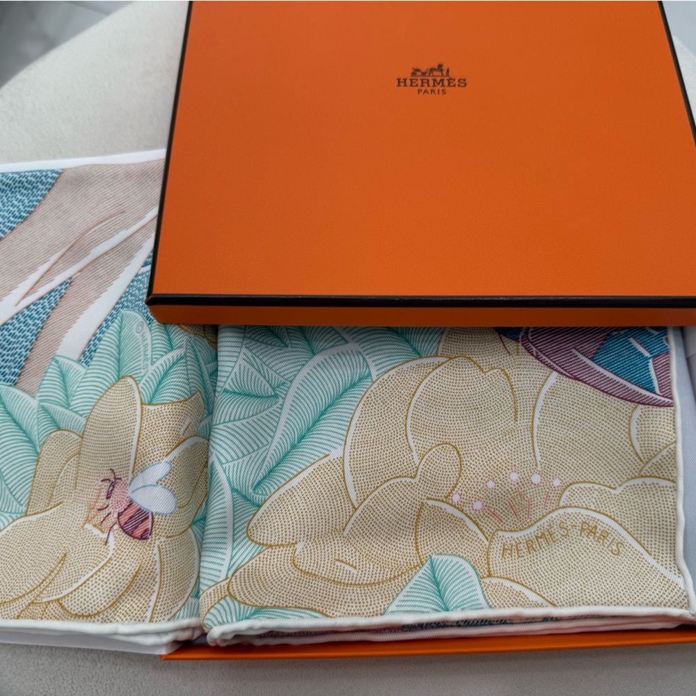 Brand New Hermes Scarf with Beautiful Pink and Blue Equestrian Design.